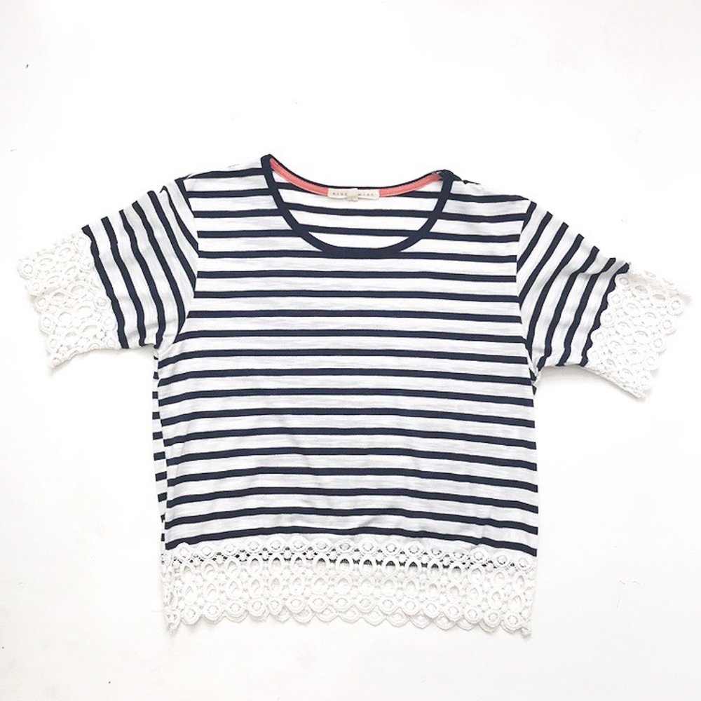 Navy and White Striped Cropped Lace Border T-Shirt